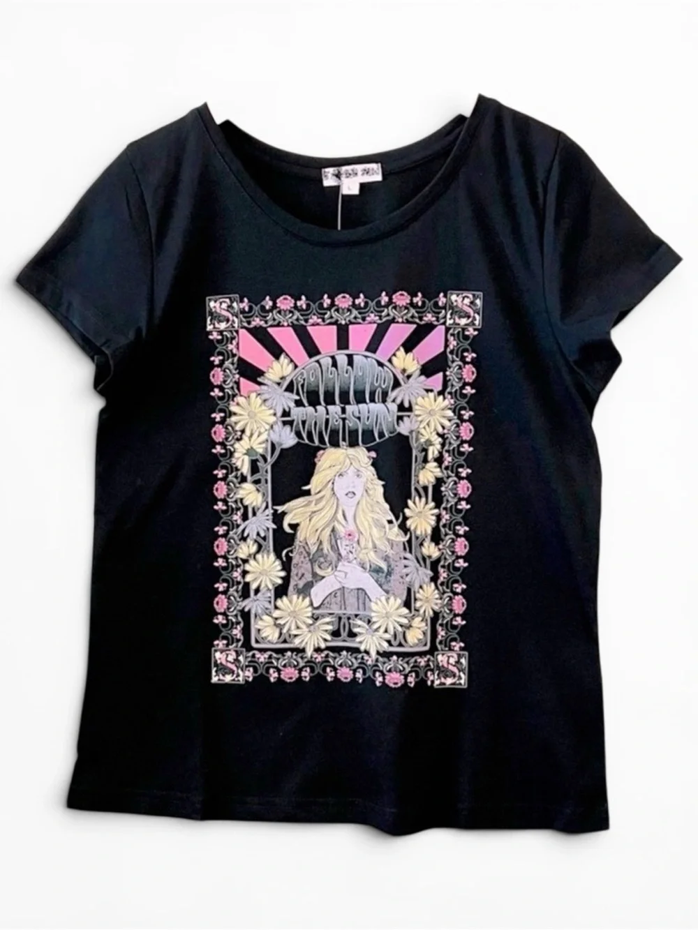 NEW Follow the Sun Black Festival Bohemian Tee Shirt Women’s Size Small NWT - Picture 7 of 11